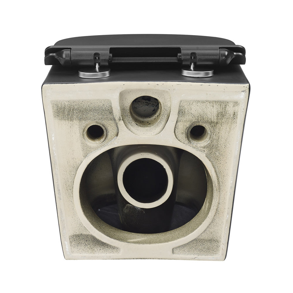 Round wall-hung toilet bowl in matte black with mounting brackets and trapway visible.