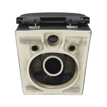 Round wall-hung toilet bowl in matte black with mounting brackets and trapway visible.