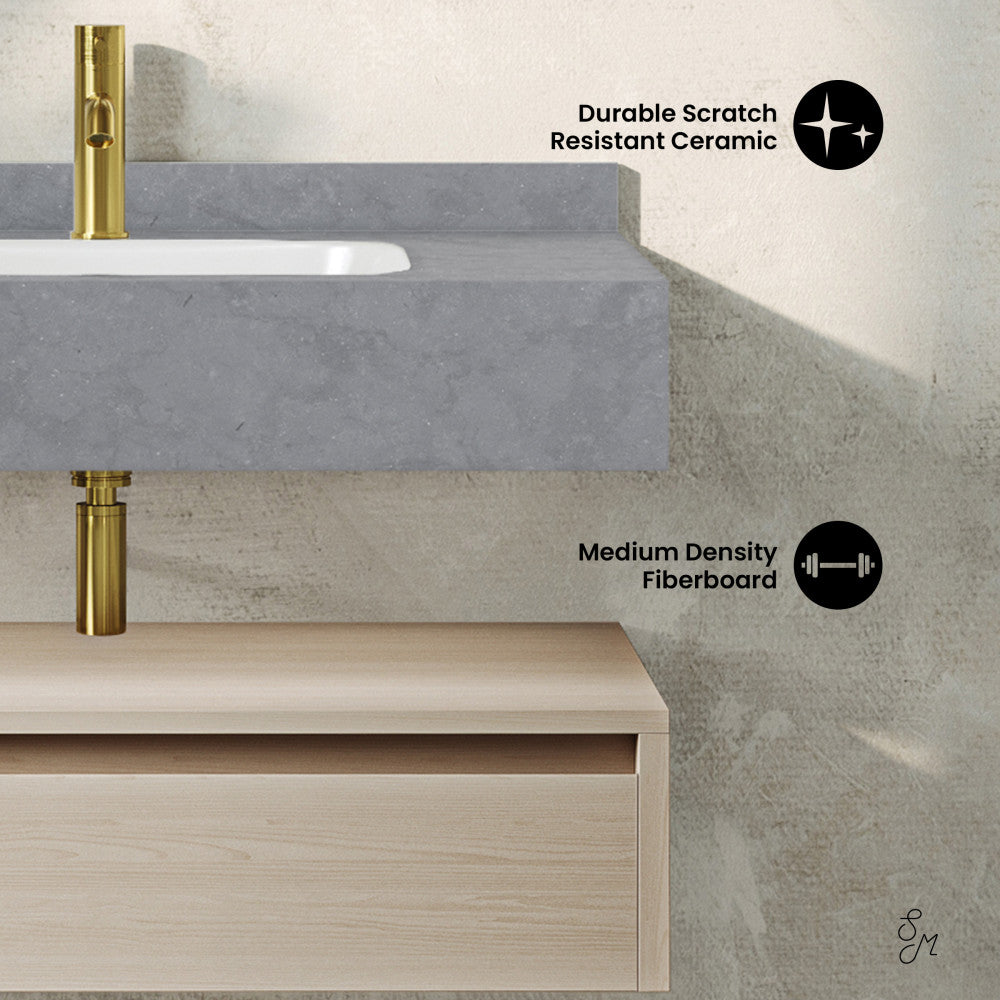 Avancer 36" Wall-Mounted Bathroom Vanity in White Oak with Charcoal Gray Sink Top