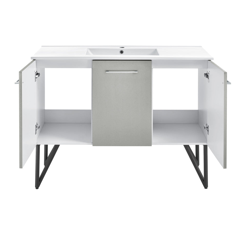 48-inch freestanding bathroom vanity in gray with soft-close doors and single sink top.