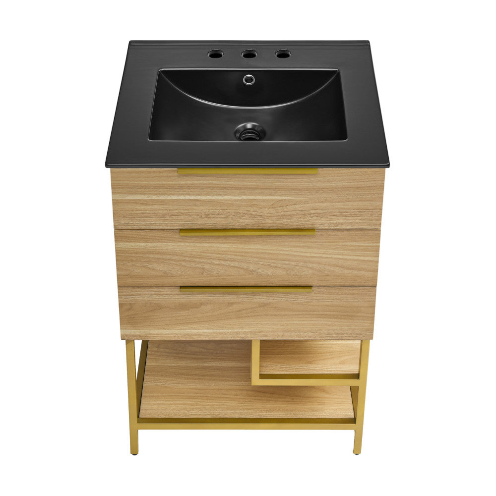 Carre 24 in. Golden Oak Bathroom Vanity with Black, 3-Hole Ceramic Sink Top