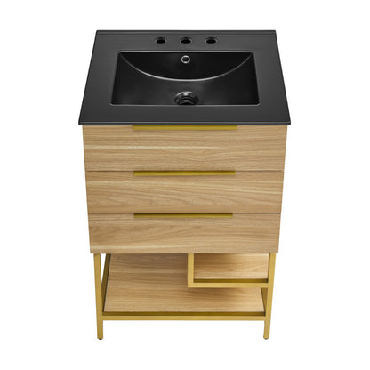 Carre 24 in. Golden Oak Bathroom Vanity with Black, 3-Hole Ceramic Sink Top