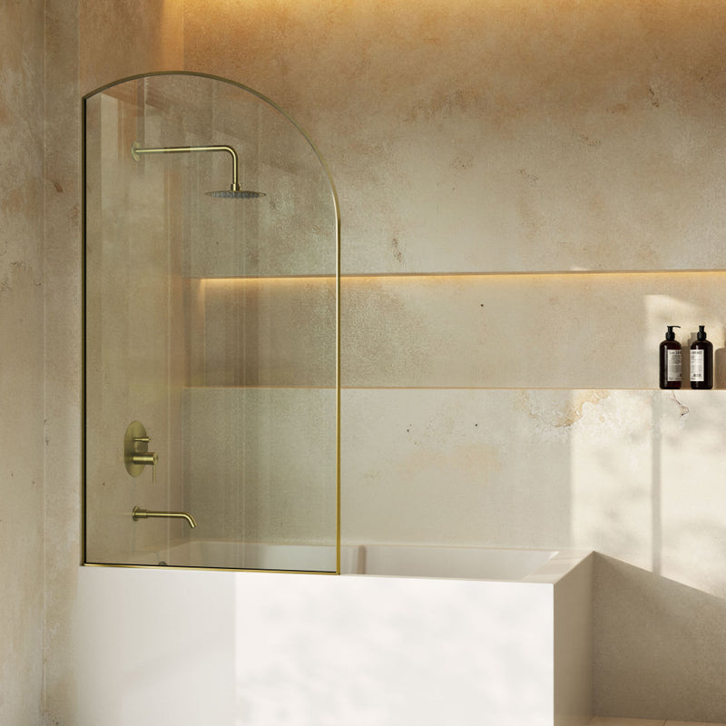 Demi 34 x 58 Framed Fixed 3/8 in. (10mm) Clear Tempered Glass Tub Door with Gold Brushed Frame