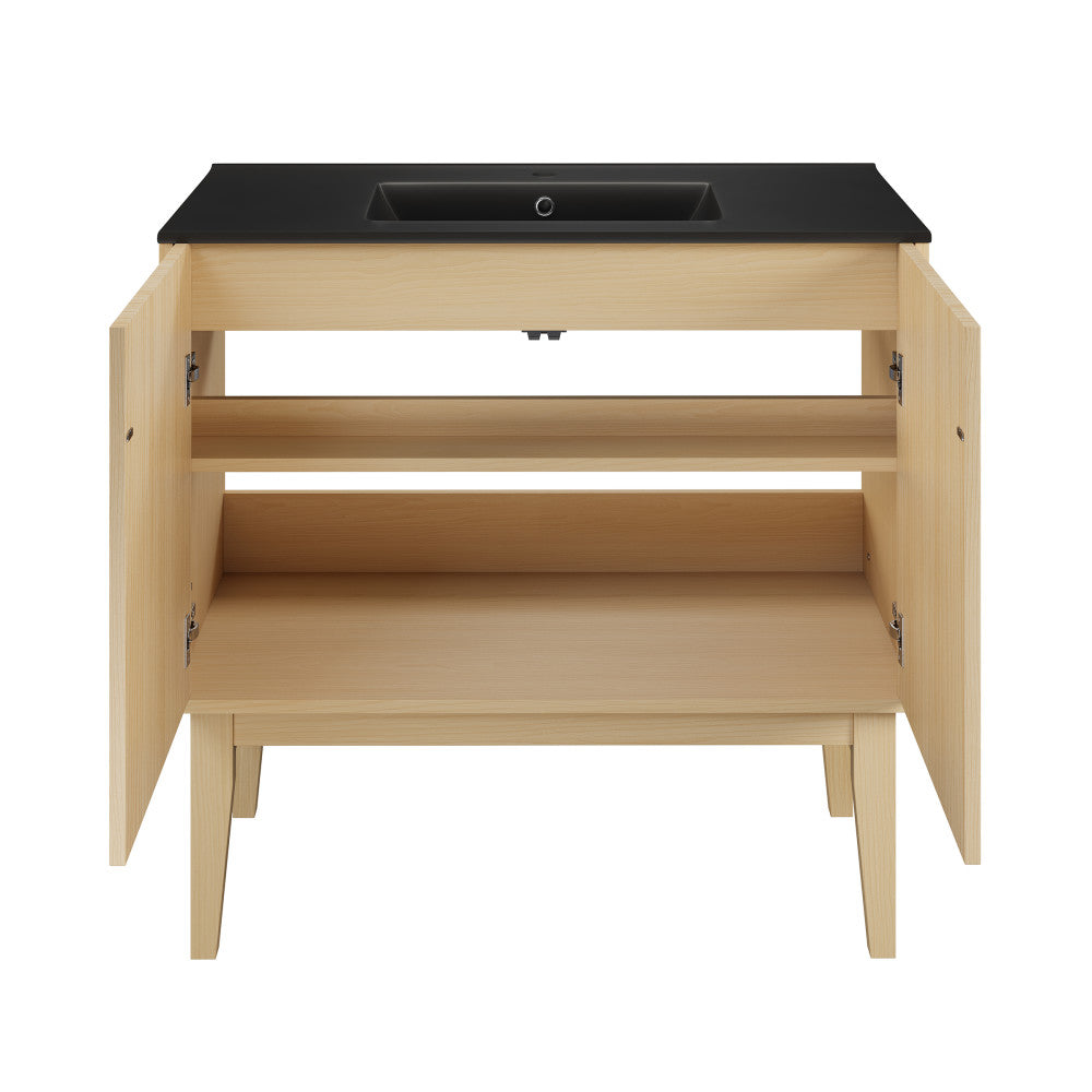 Bosse 36" Freestanding Bathroom Vanity in Natural Oak with Black Sink Top