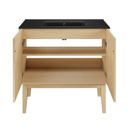 Bosse 36" Freestanding Bathroom Vanity in Natural Oak with Black Sink Top