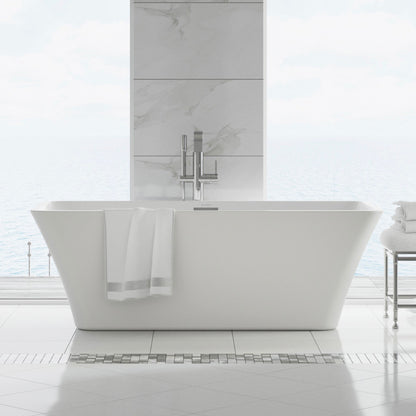 Freestanding soaking bathtub 67 inch in white with center drain and chrome floor-mounted faucet.