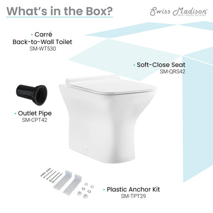 Square back-to-wall toilet bowl with soft-close seat, compact design, includes outlet pipe and plastic anchor kit.