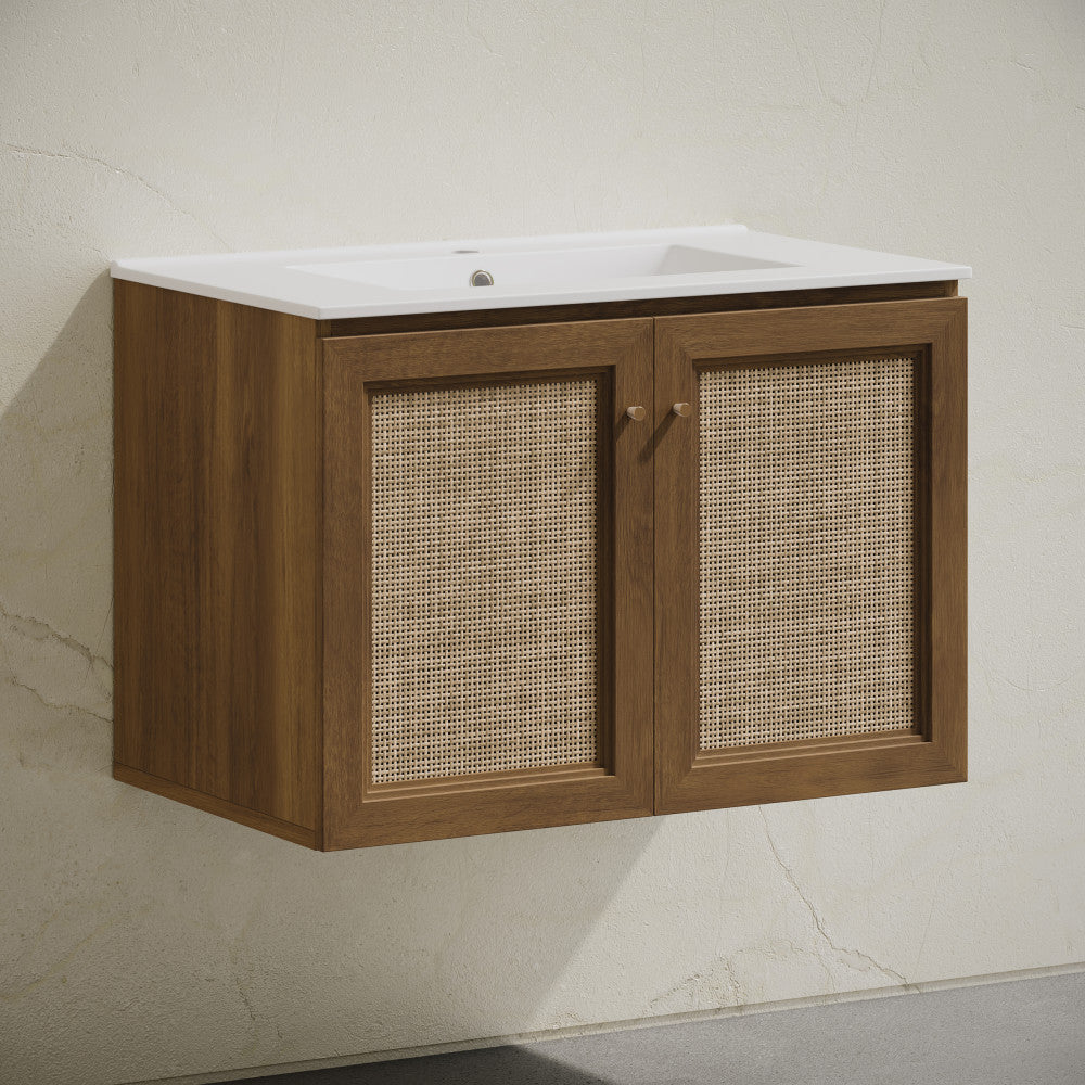 Classe 30" Wall-Mounted Bathroom Vanity in Brown Oak with Single Faucet Hole Vanity Top