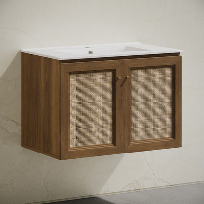 Classe 30" Wall-Mounted Bathroom Vanity in Brown Oak with Single Faucet Hole Vanity Top