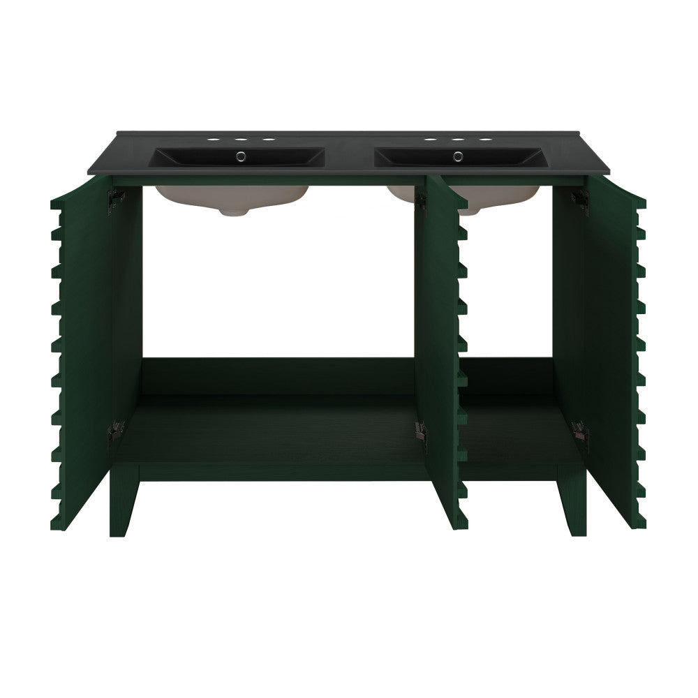 Cascade 48" Freestanding Bathroom Vanity in Green Oak with Black 3-Hole Centerset Double Basin Sink Top