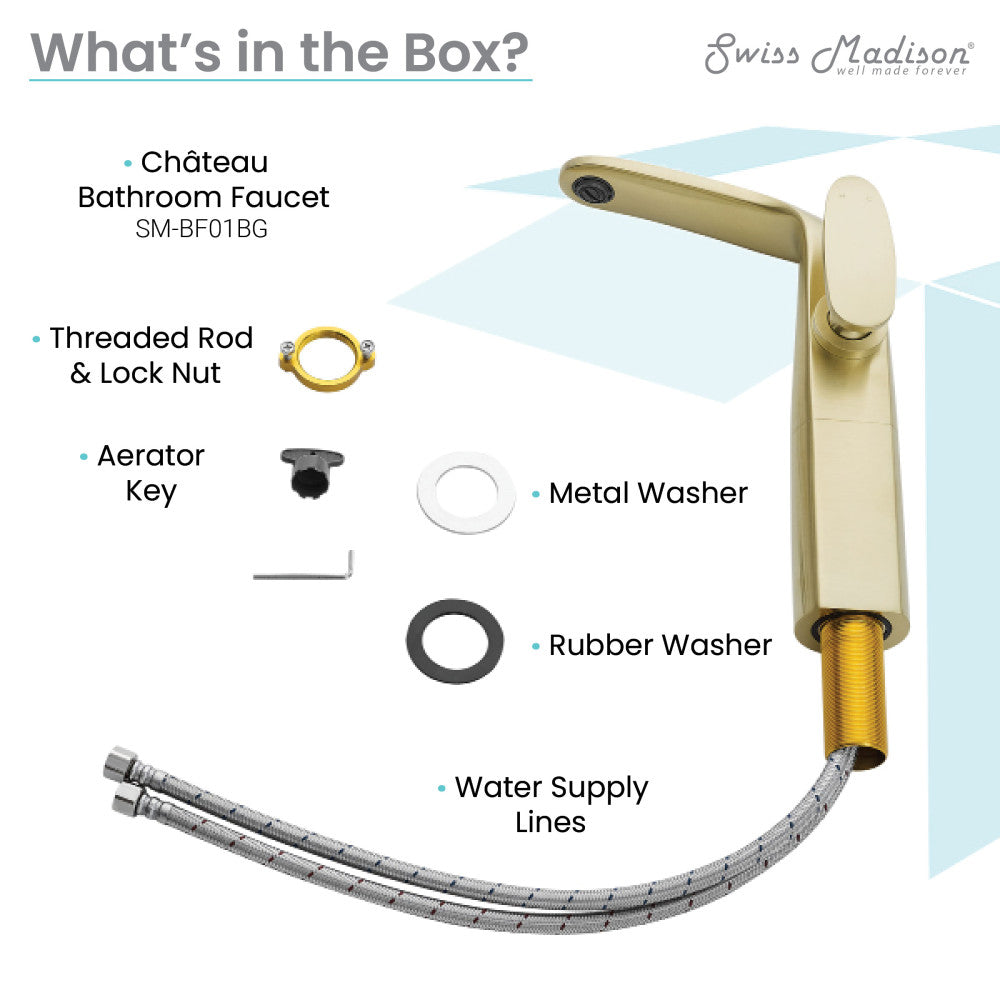 Single-handle high arc bathroom faucet in brushed gold with water supply lines and mounting hardware.