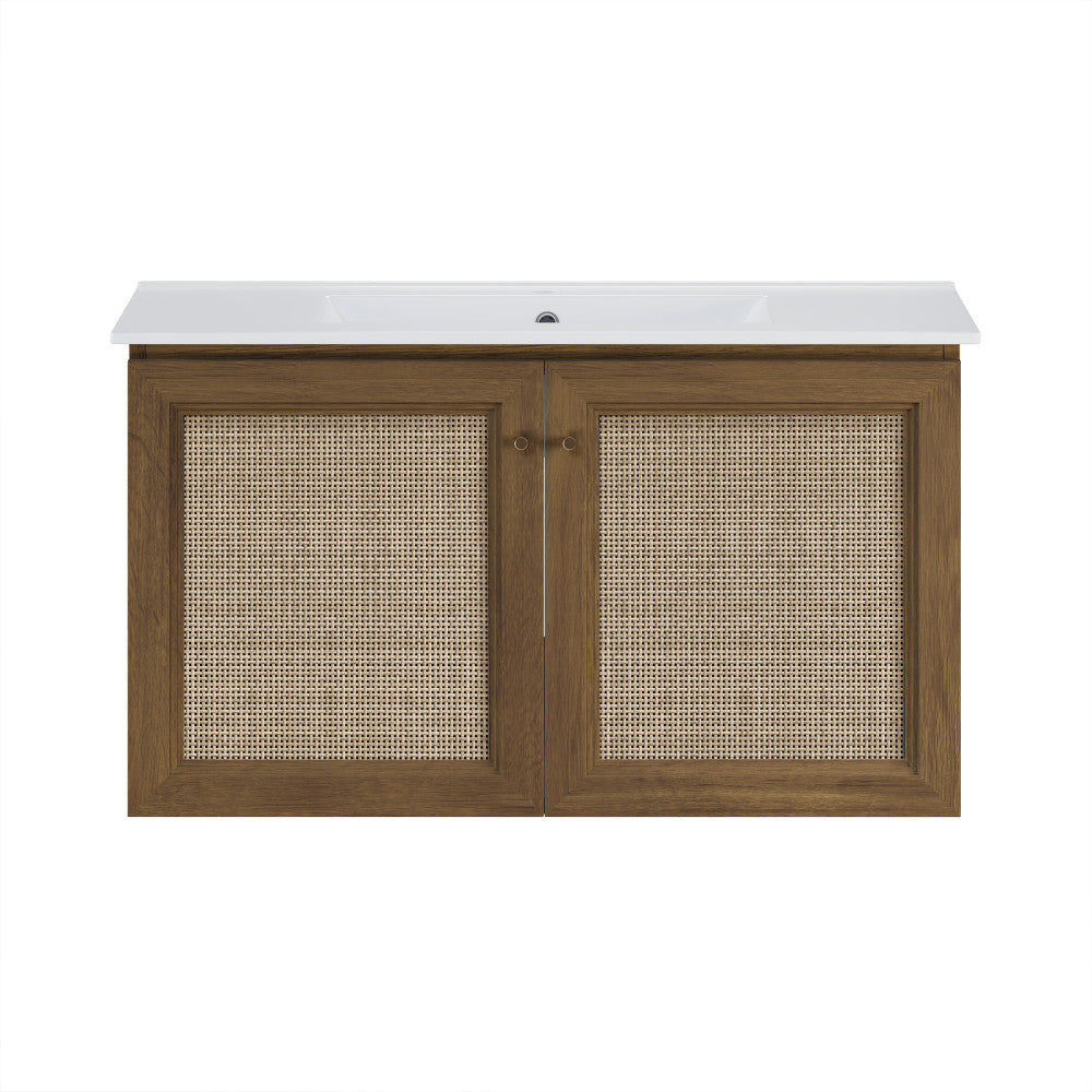 Classe 36" Wall-Mounted Bathroom Vanity in Brown Oak with Single Faucet Hole Vanity Top