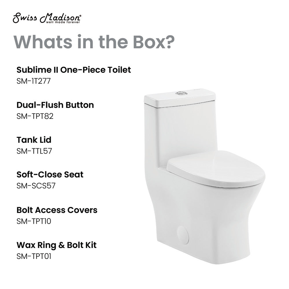 Round one-piece toilet in glossy white with dual flush buttons and soft-close seat.