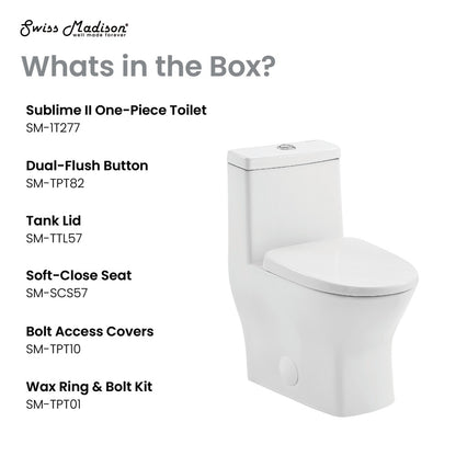 Round one-piece toilet in glossy white with dual flush buttons and soft-close seat.