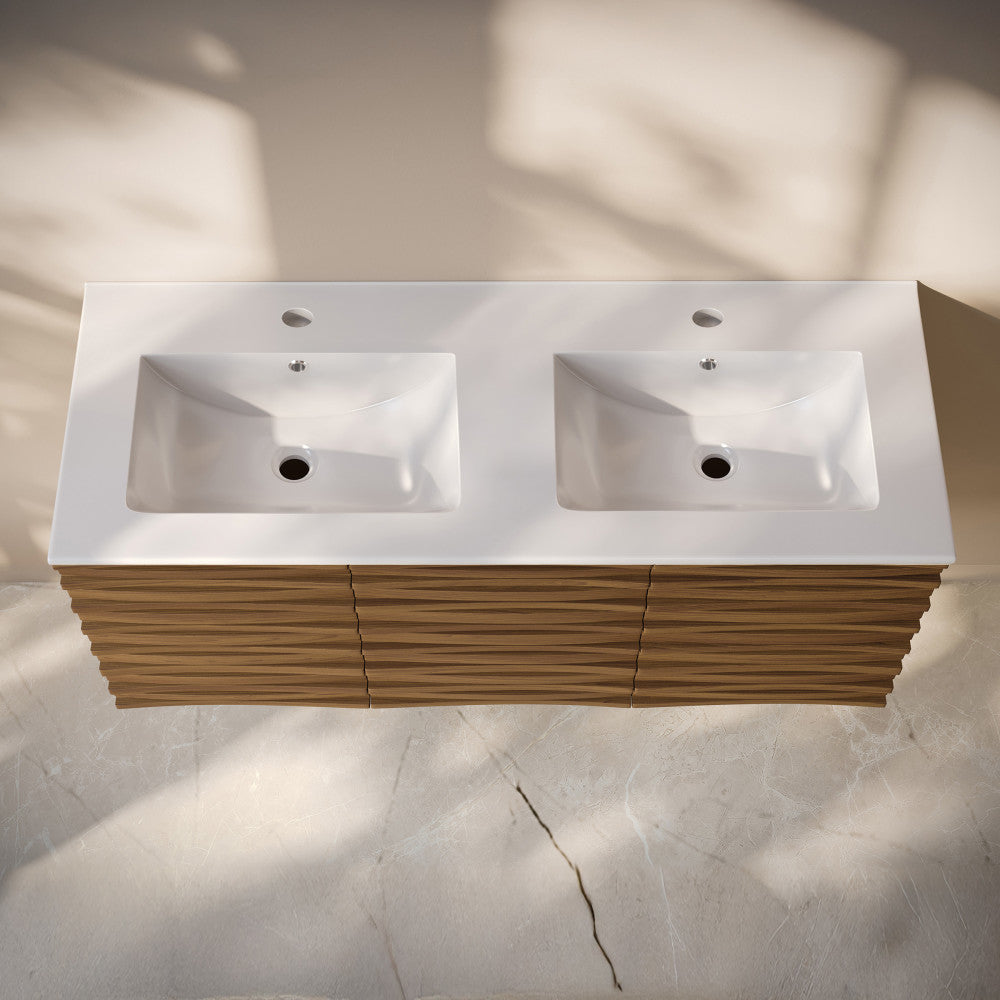 Cascade 48" Wall-Mounted Bathroom Vanity in Brown Oak with Double Basin Sink Top