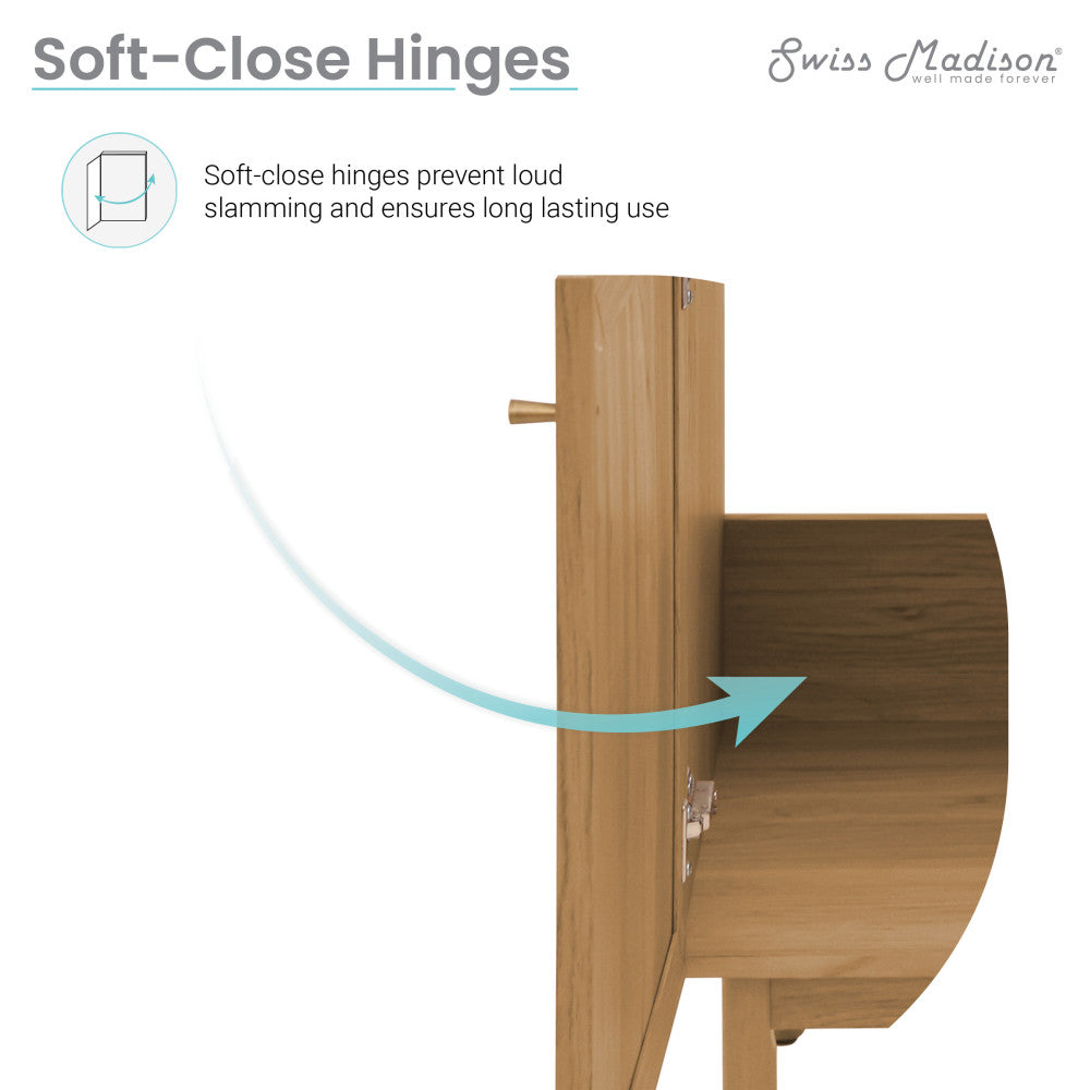 36-inch freestanding bathroom vanity in golden oak, single sink, soft-close doors.