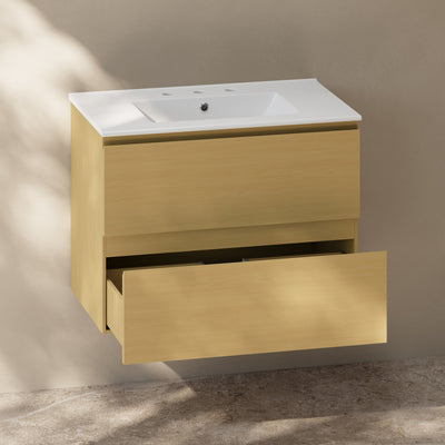 Liberte 30" Wall-Mounted Bathroom Vanity in Natural Oak with 3-Hole Widespread Sink Top