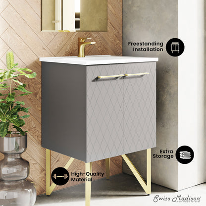 24-inch freestanding bathroom vanity in diamond gray with single sink and soft-close doors.