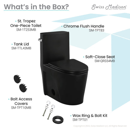 Elongated one-piece toilet in matte black with left side vortex flush handle and soft-close seat.
