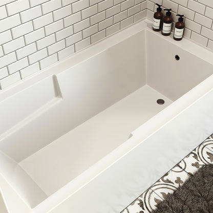 Alcove skirted bathtub 72 inch with right-hand drain, apron front, and built-in armrest.