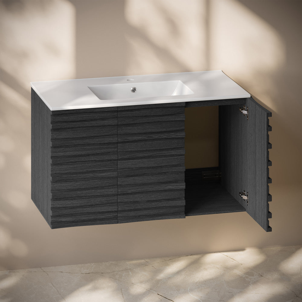 Cascade 36" Wall-Mounted Bathroom Vanity in Black Oak with Sink Top