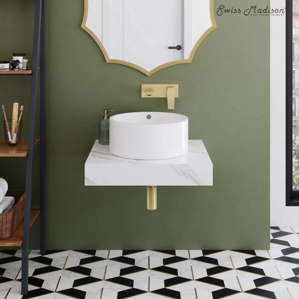 Monaco 24" Floating Bathroom Shelf with Vessel Sink in White Marble