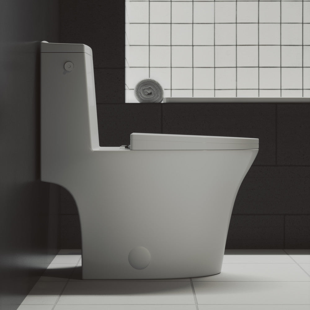 Elongated one-piece toilet with dual-flush and touchless flush button in matte white.