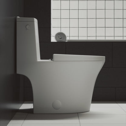 Elongated one-piece toilet with dual-flush and touchless flush button in matte white.
