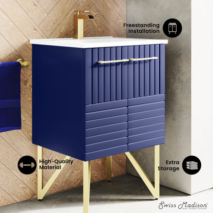 24-inch freestanding bathroom vanity in granger blue with single sink and soft-close doors.