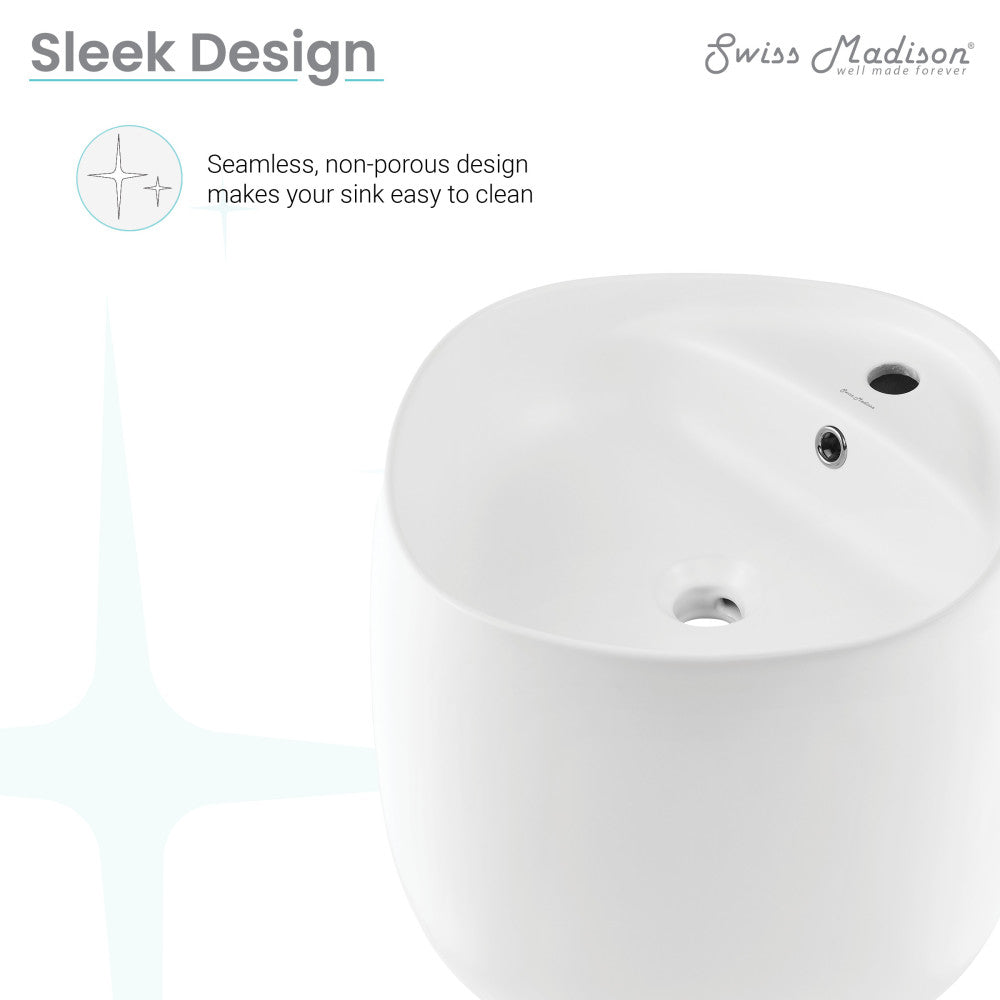 Wall-mount bathroom sink in matte white, seamless non-porous oval design with single faucet hole.