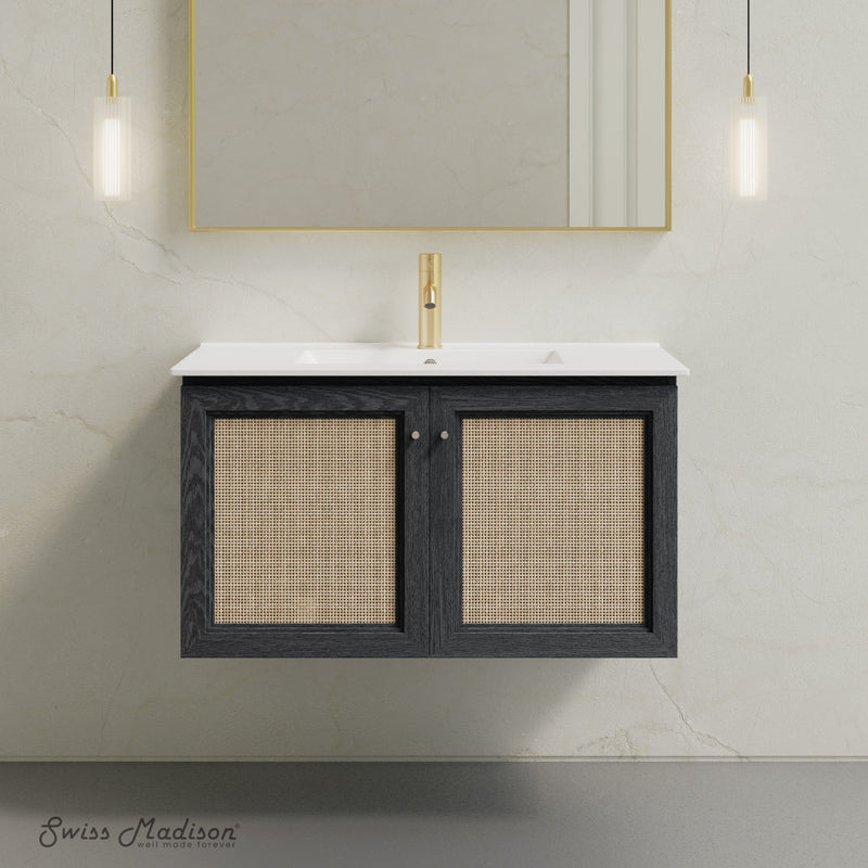 Classe 36" Wall-Mounted Bathroom Vanity in Black Oak with Single Faucet Hole Vanity Top