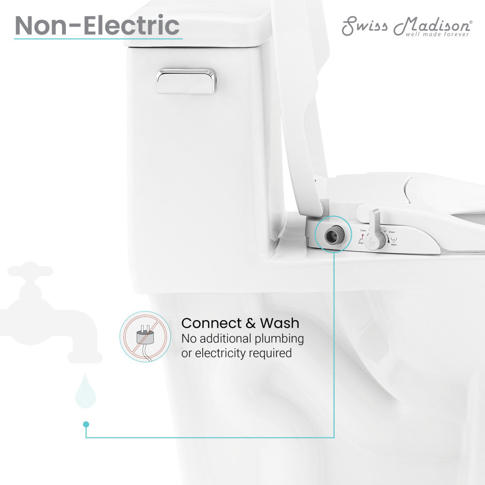 Smart toilet seat bidet with non-electric water connection and control dial, white plastic finish.