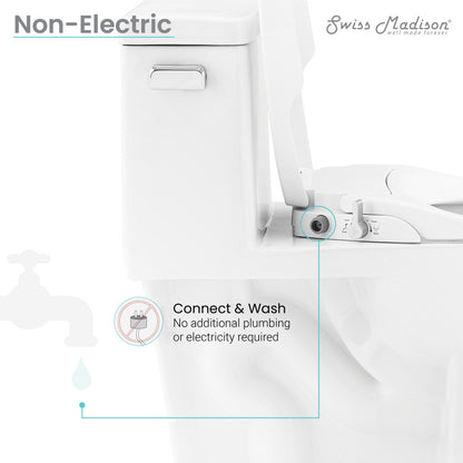 Smart toilet seat bidet with non-electric water connection and control dial, white plastic finish.