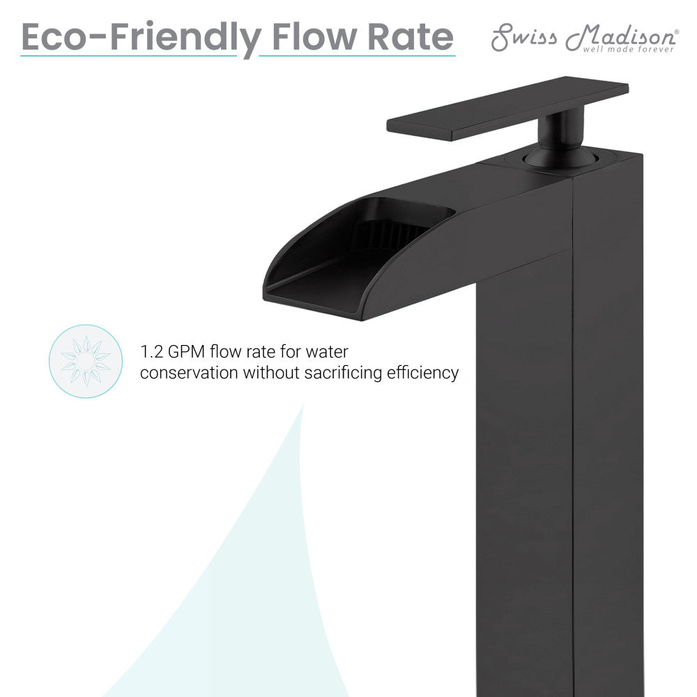 Single-handle bathroom faucet in matte black with high arc waterfall spout and square lever handle.