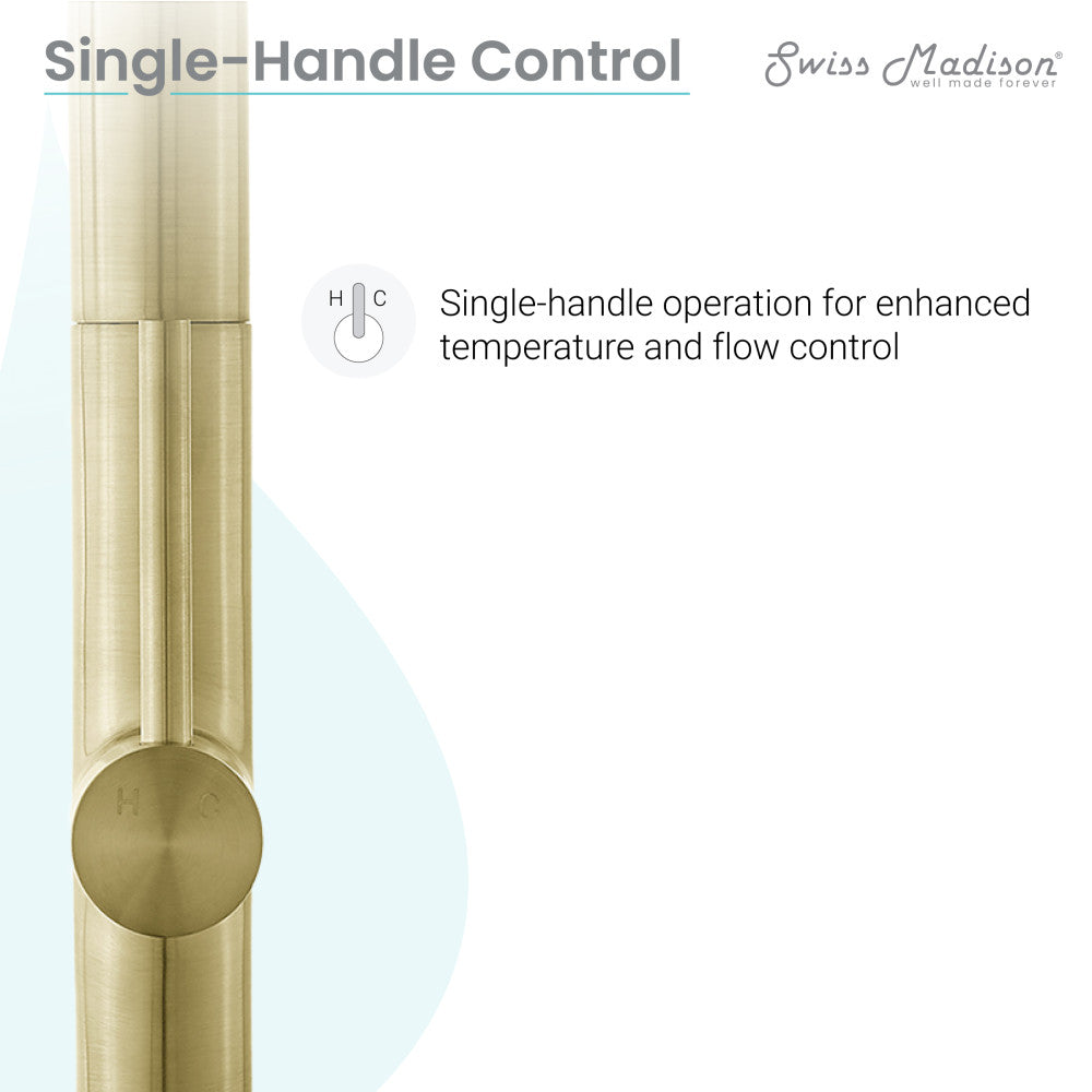 Single-handle pull-down kitchen faucet in brushed gold with round control knob.