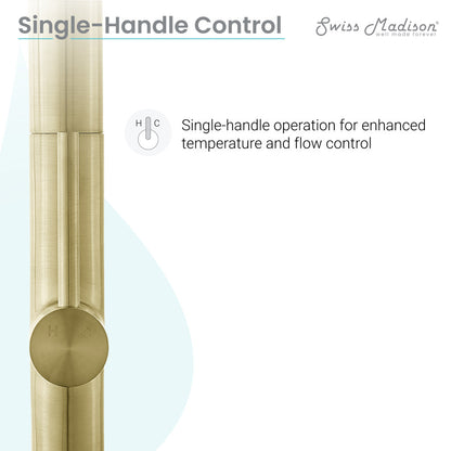 Single-handle pull-down kitchen faucet in brushed gold with round control knob.