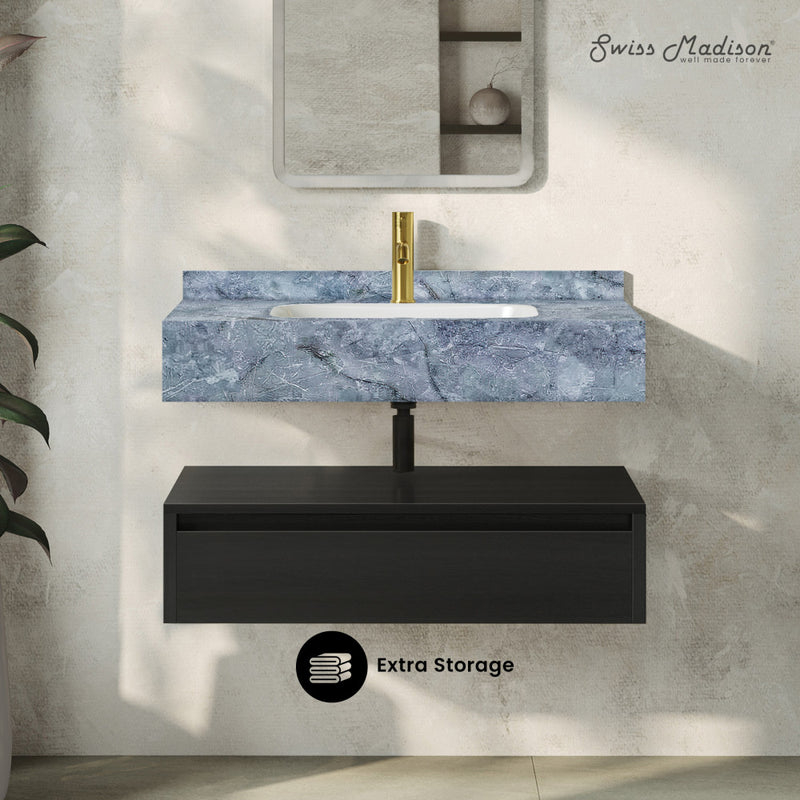 Avancer 36" Wall-Mounted Bathroom Vanity in Black Oak with Blue Celeste Sink Top