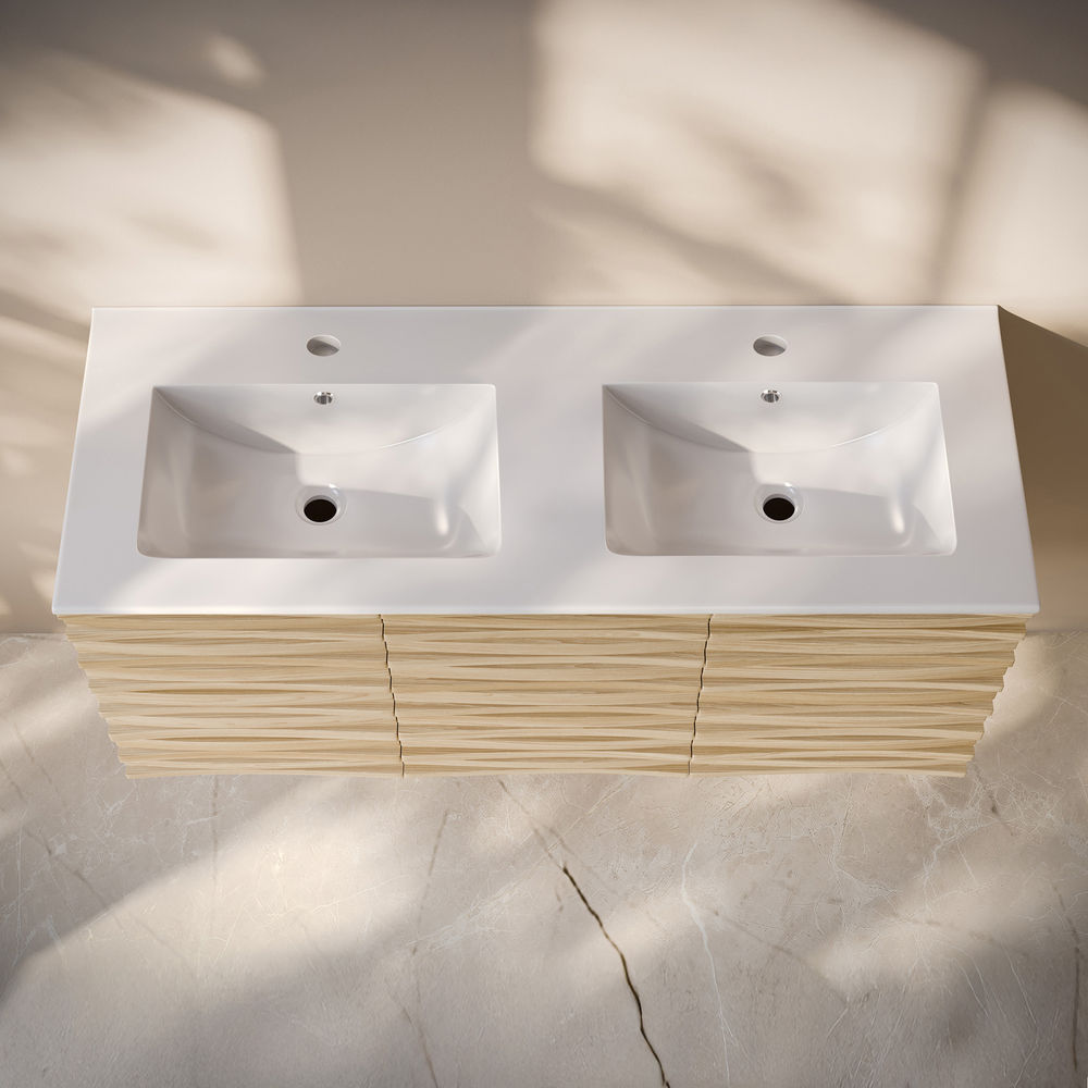 Cascade 48" Wall-Mounted Bathroom Vanity in Natural Oak with Double Basin Sink Top
