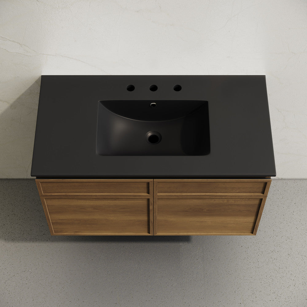 St. Tropez 36" Wall-Mounted Bathroom Vanity in Brown Oak with Black 3-Hole Widespread Sink Top