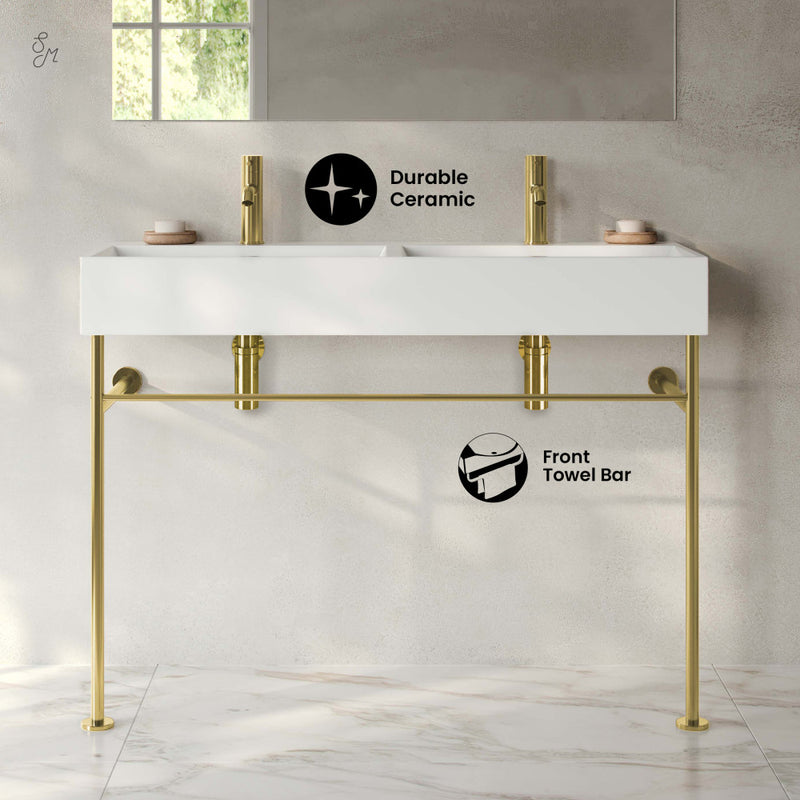 Claire 48" Double Basin Console Sink with Glossy Gold Legs