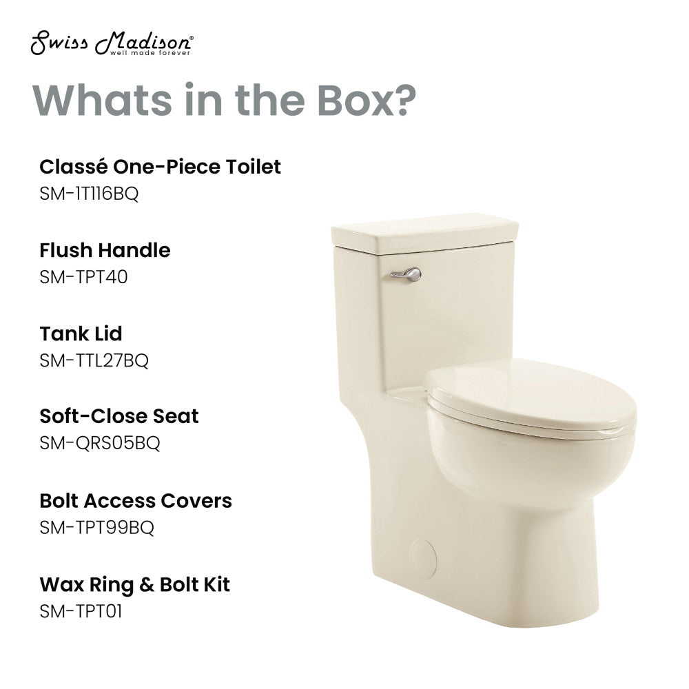 Elongated one-piece toilet in bisque with front flush handle and soft-close seat.