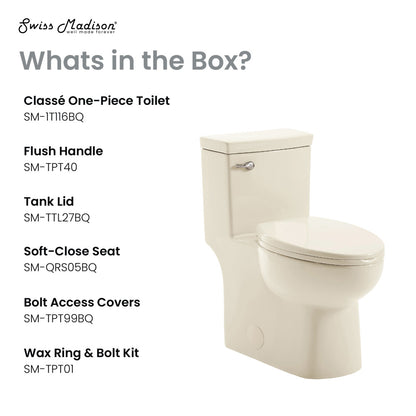 Elongated one-piece toilet in bisque with front flush handle and soft-close seat.