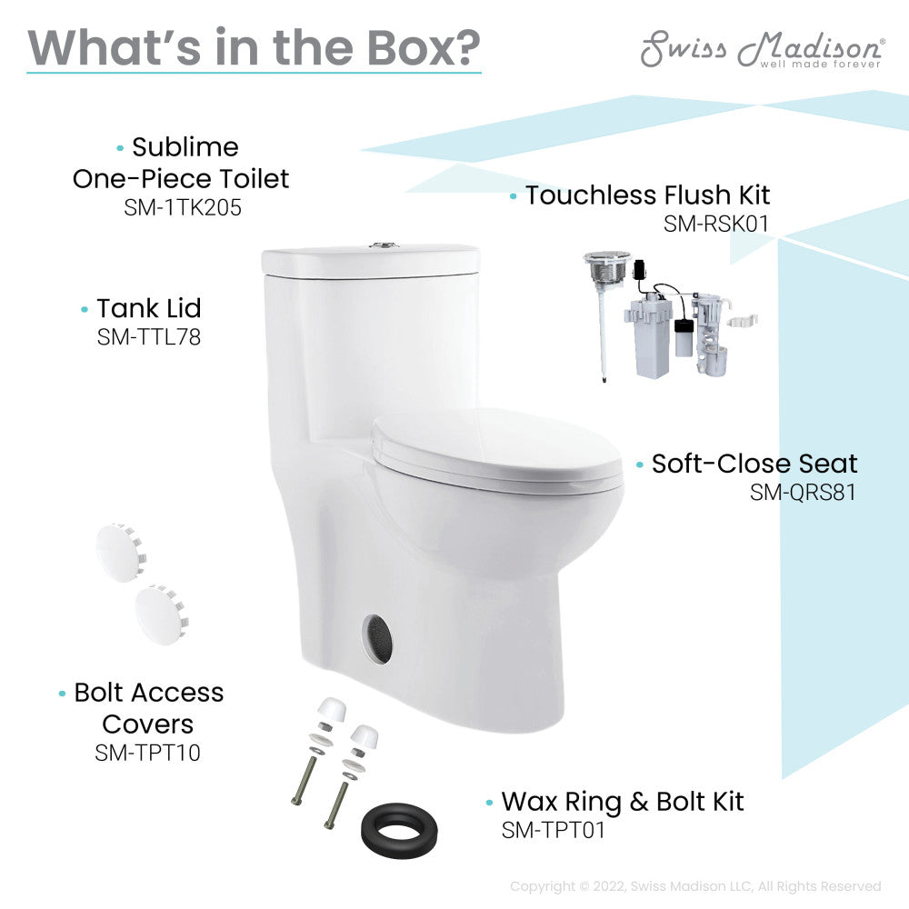 Elongated one-piece toilet with touchless retrofit dual flush and soft-close seat, white porcelain.