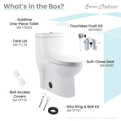 Elongated one-piece toilet with touchless retrofit dual flush and soft-close seat, white porcelain.