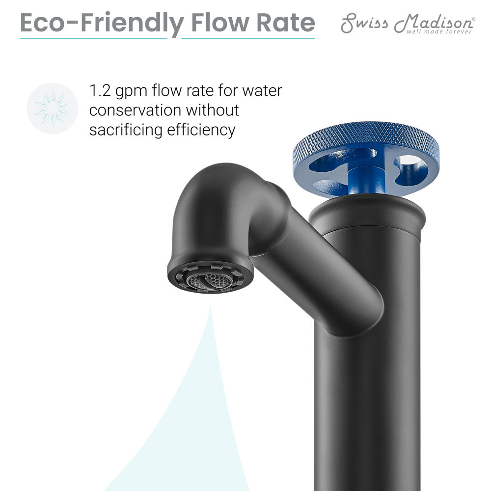 Single-handle high arc bathroom faucet in matte black with blue wheel handle.