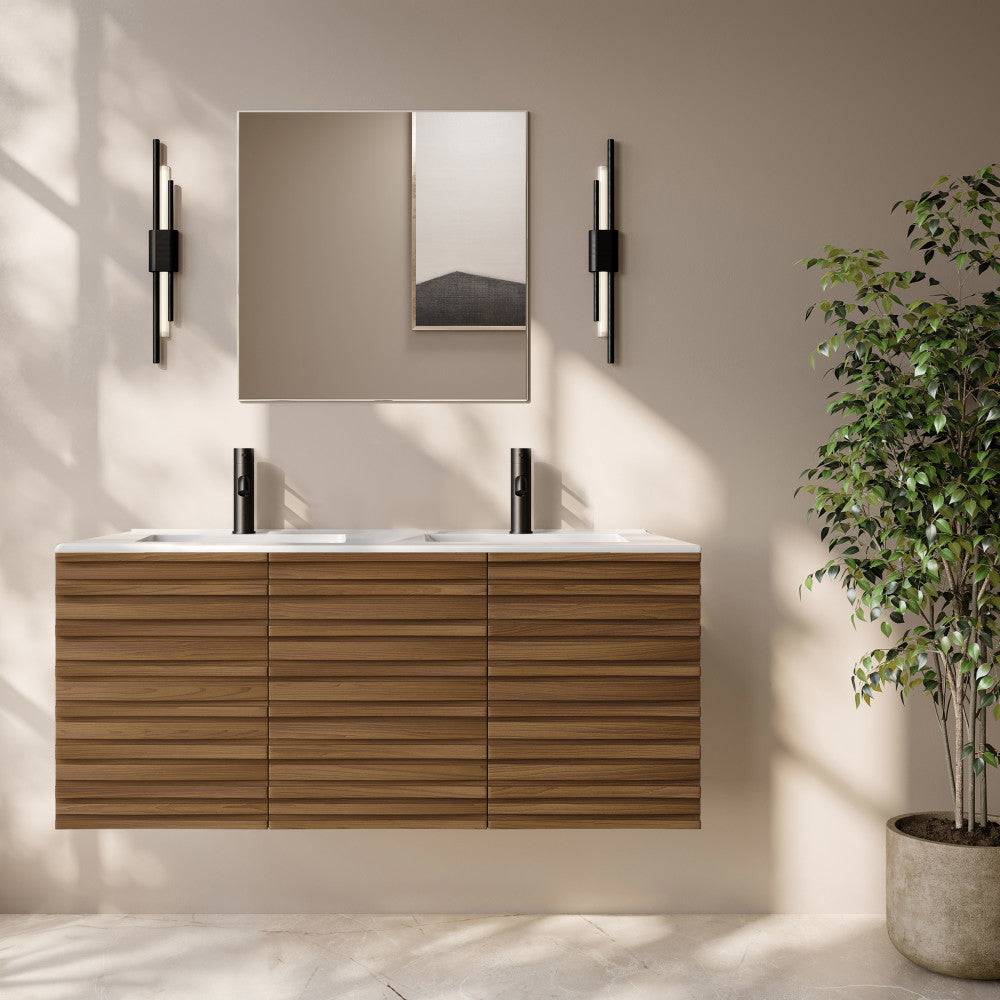 Cascade 48" Wall-Mounted Bathroom Vanity in Brown Oak with Double Basin Sink Top