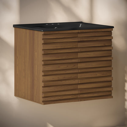Cascade 24" Wall-Mounted Bathroom Vanity in Brown Oak with Black 3-Hole Centerset Sink Top