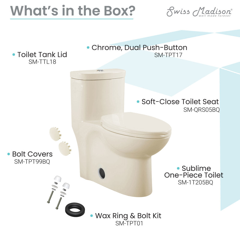 Elongated one-piece toilet in bisque with dual flush and soft-close seat.