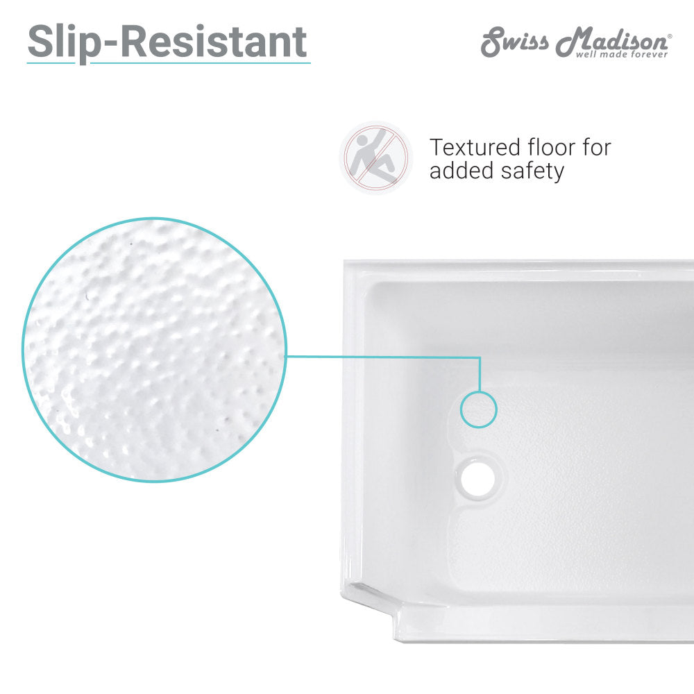 60" x 32" white shower base with right drain and left integral seat, textured slip-resistant surface.