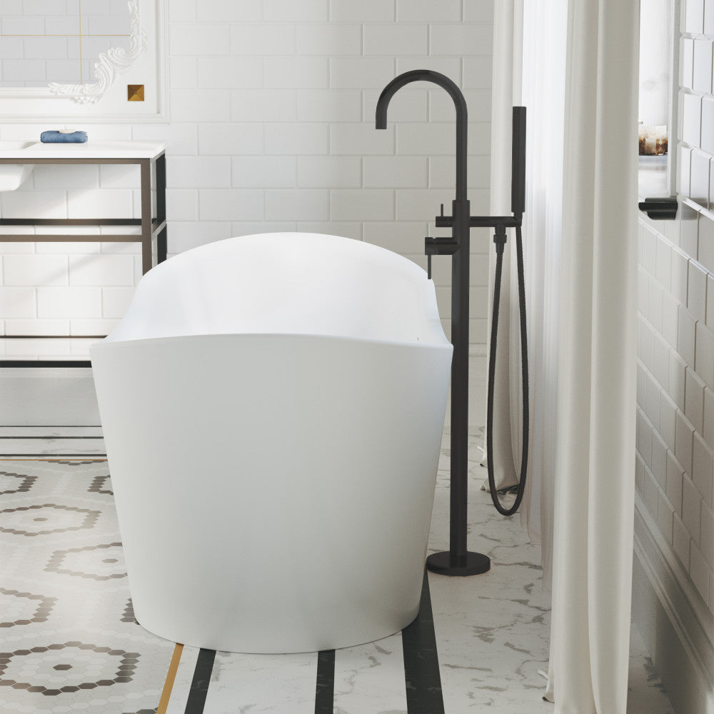 Freestanding bathtub faucet in matte black, single handle, modern minimalistic design.